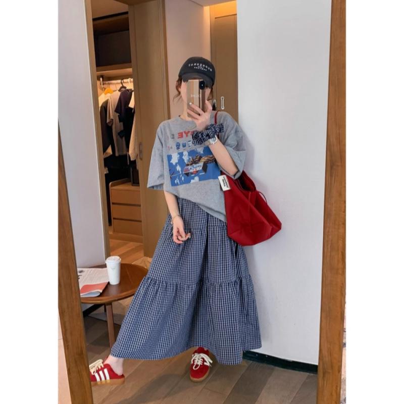 American Retro Style Women's Summer Casual Plaid Skirt & Loose Cotton T-Shirt Set