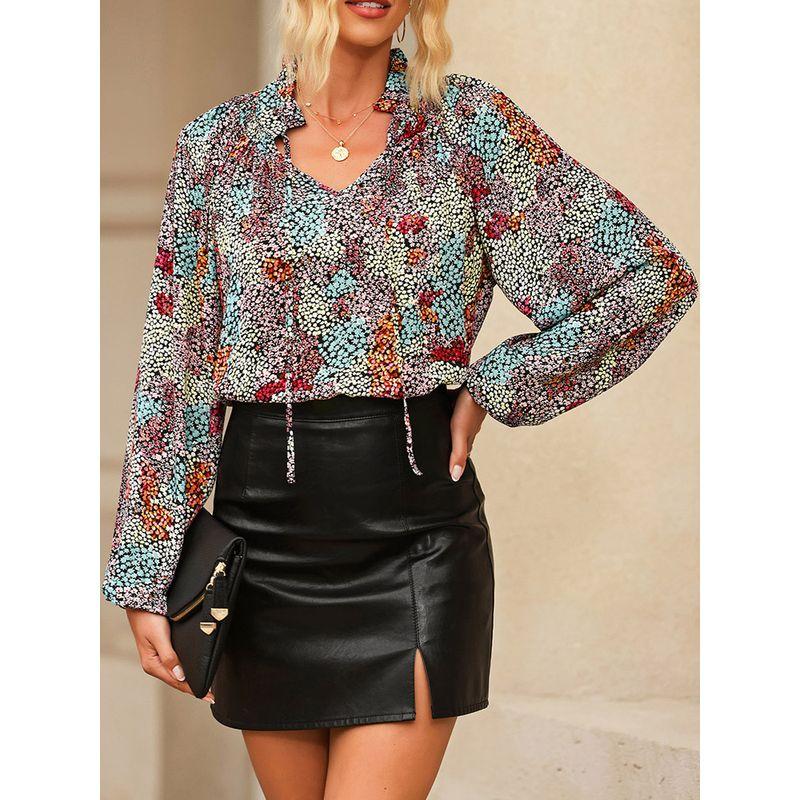 American Acelitt Thin Floral Print Long Sleeve Pullover Shirts Women Summer Loose Casual V-neck Top Women