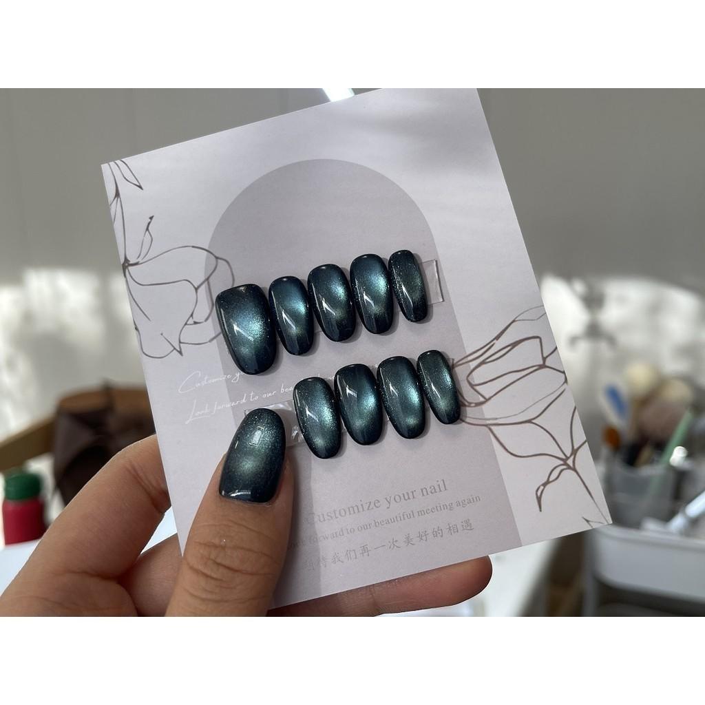 100% HANDMADE Oval Shape Fake Nail With Glue Dark Green Cat Eye Acrylic Press On Artificial Fake Nails Reusable Nails