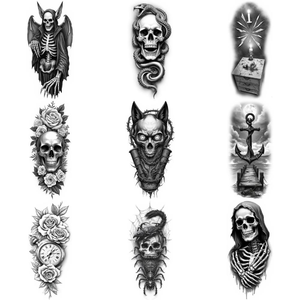 3 Stück Temporäre Tattoos Realistische Temporäre Tattoos Kapuzen-Skelett Wolfskopf und Mond für Arme Oberschenkel Männer