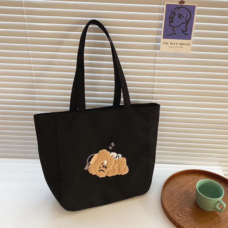 Women Canvas Tote Purse Lamb Like Fabric Shoulder Bag Bear Embroider Crossbody Handbag Casual Shopper Bag Cute For Girl