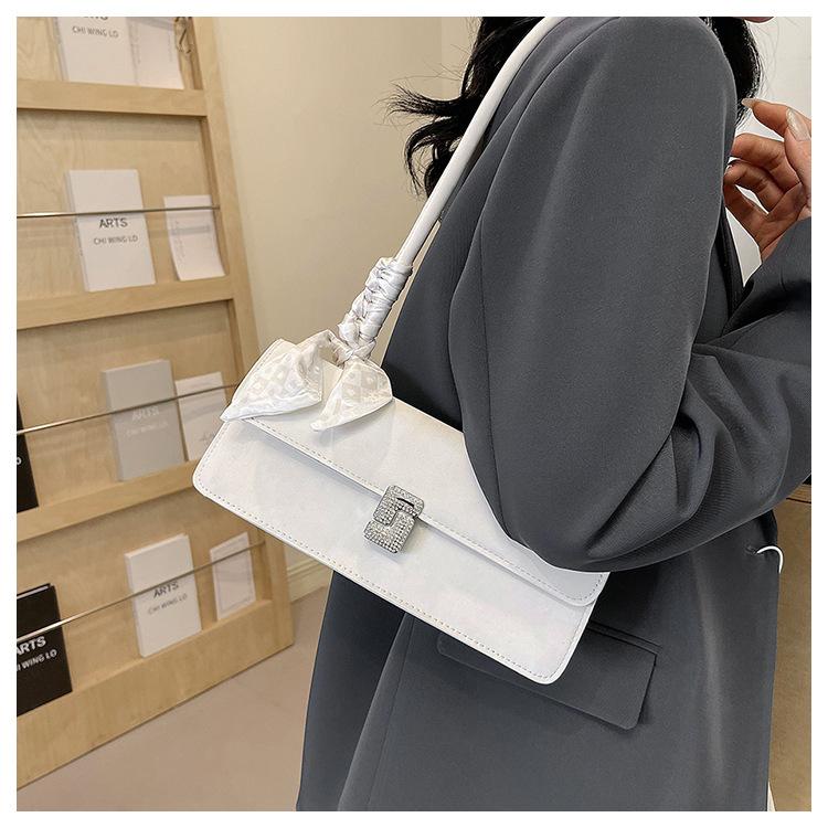 Fashionable Silk Scarf Faux Leather Shoulder Bag Trendy Baguette Square Purse for Women CLE