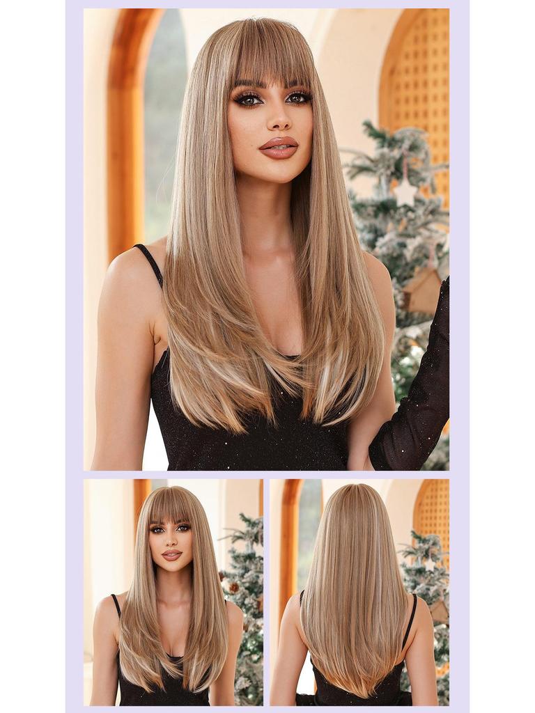Perruque brune longue et lisse avec frange: Ensemble de tête complète de style européen et américain, à la mode et naturel