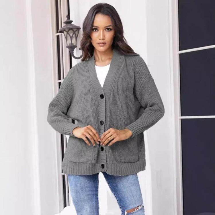 Women's V-neck Solid Color Knitted Cardigan Loose Single-breasted Sweater for Spring and Autumn