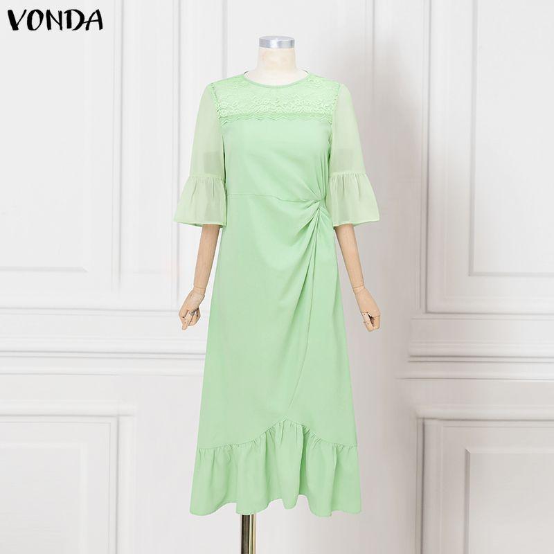 VONDA Elegant Women Half Sleeve Lace Patchwork Casual Long Maxi Ruffled Dress M зелёный