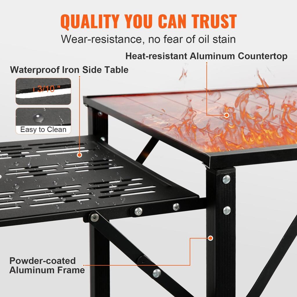 Camping Kitchen Table, One-piece Folding Portable Cook Station with A Carrying Bag, Aluminum Camping Table 4 Iron Side Tables & 2 Shelves, Ideal for