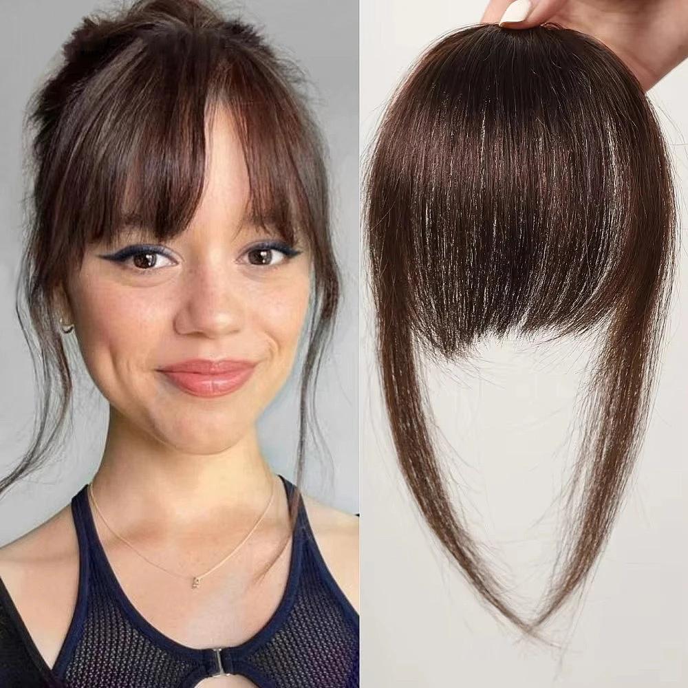 

100% Human Hair Bangs Natural Brown Hair Clip in Bangs Fringe with Temples Hairpiece for Women Clip on Air Bang 4.5in 1pc&6inches