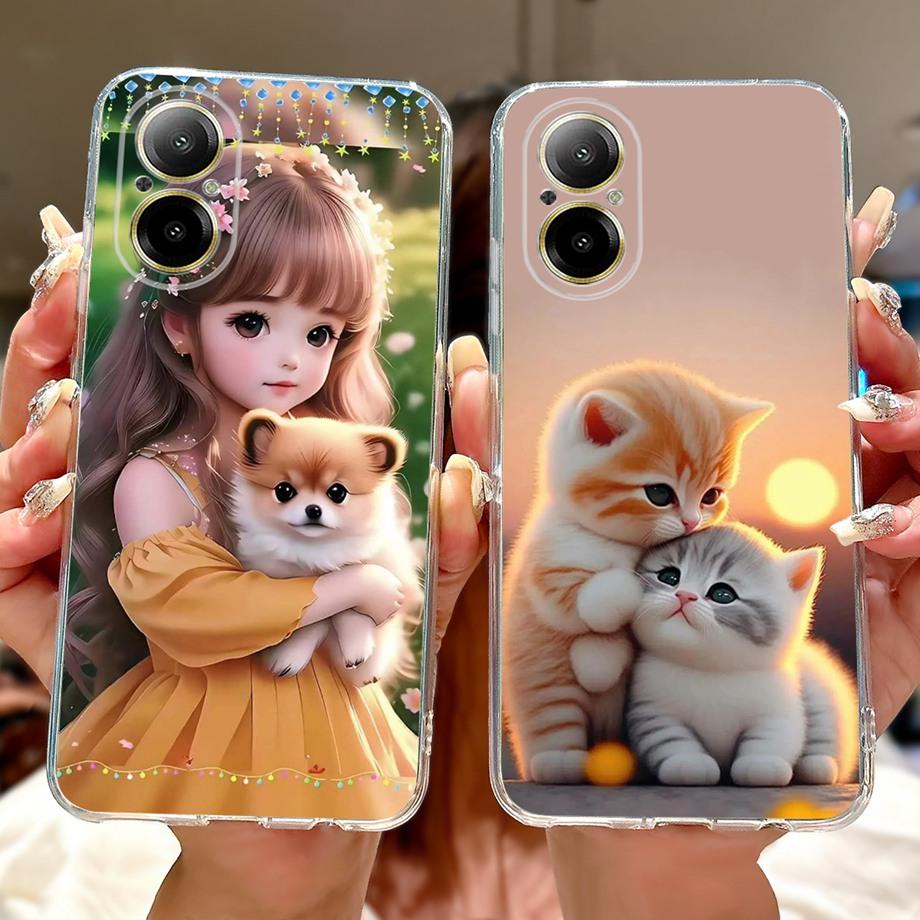 For Realme C67 4G 5G / Realme 12 Lite 4G Case RMX3782 RMX3890 Clear Soft TPU Cover Colorful Flower Cute Cartoon Cool Dragon Etui