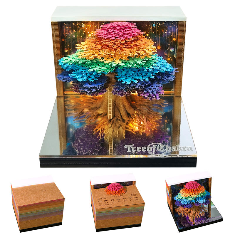 3D Chakra Tree Memo Pad, Rainbow Tree of Life Paper Craft Sticky Notes Cube with LED Light, Unique Office Gift