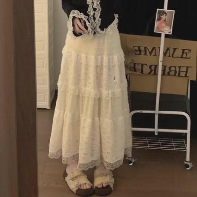 Korean-Style Lace Spliced Mid-Length Cake Skirt, 2024 Autumn/Winter Fashion