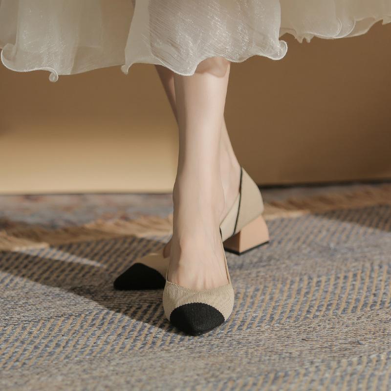 Flying woven single shoes women's medium heel high heel versatile breathable soft sole thick heel pointed head spring and autumn knitting