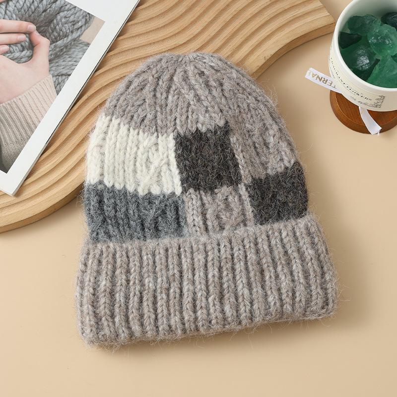 New Autumn and Winter Square Color Block Knitted Wool Hat American Big Head Windproof Pullover Hat Outdoor Casual Warm Hat