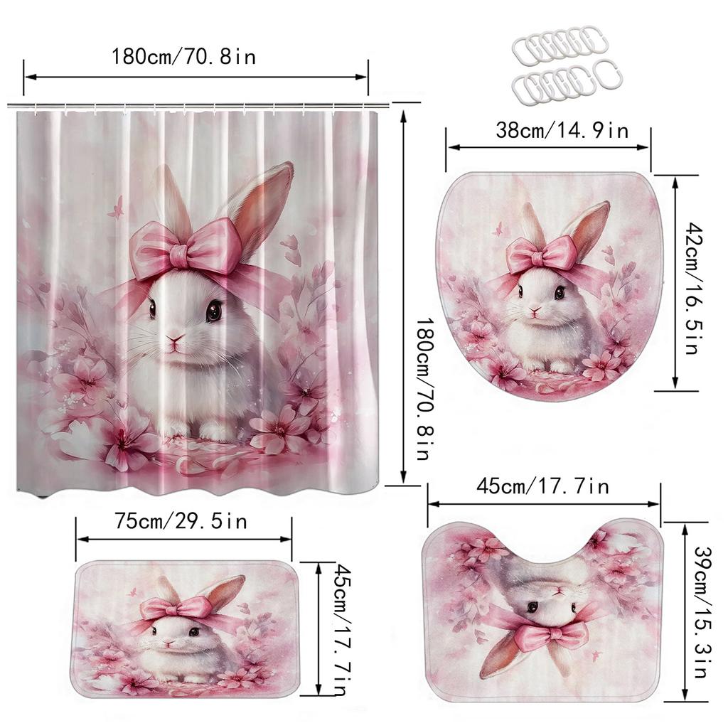 4pcs Easter Pink Rabbit Floral Print Waterproof Shower Curtain With 12 Hooks Non-Slip Bathroom Rug Toilet U-Shape Mat Toilet Lid Cover Pad