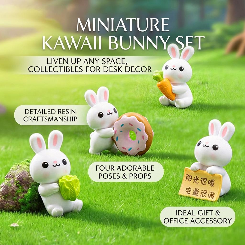 4Pcs Donut Themed Rabbits Figurines for DIY Garden Decoration Resin Hanging Ornaments