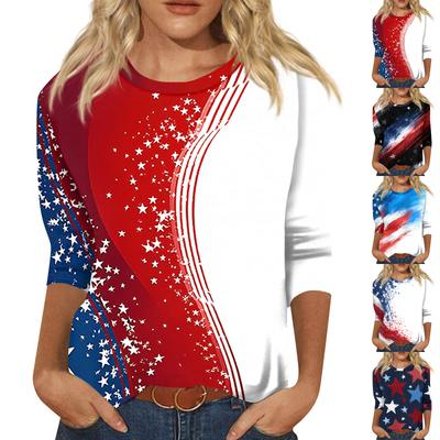 Modisches lässiges Damen-T-Shirt-Oberteil mit Rundhalsausschnitt, Dreiviertelärm und Unabhängigkeitstag-Aufdruck