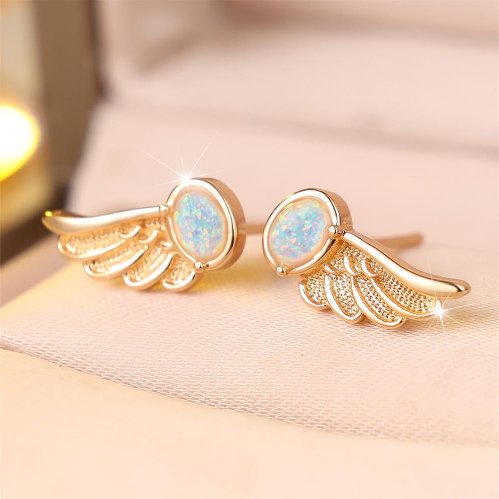 Cute Angel Wings White Opal Oval Stone Stud Earrings For Women Vintage Fashion Gold Color Wedding Jewelry Valentine's Day Gifts