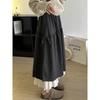 Korean-Style Sweet Lace Trim Patchwork Midi Skirt - Autumn/Winter A-line Retro High-Waist for Women