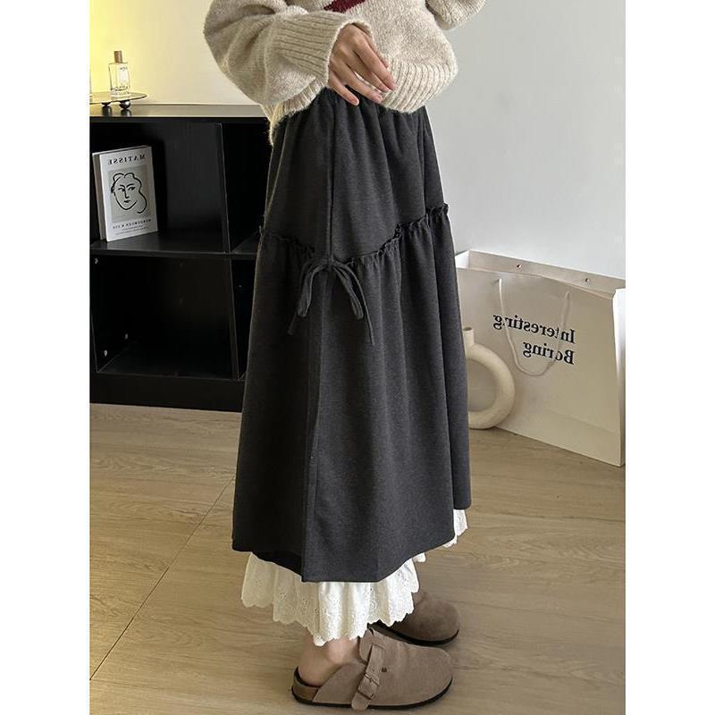 Korean-Style Sweet Lace Trim Patchwork Midi Skirt - Autumn/Winter A-line Retro High-Waist for Women