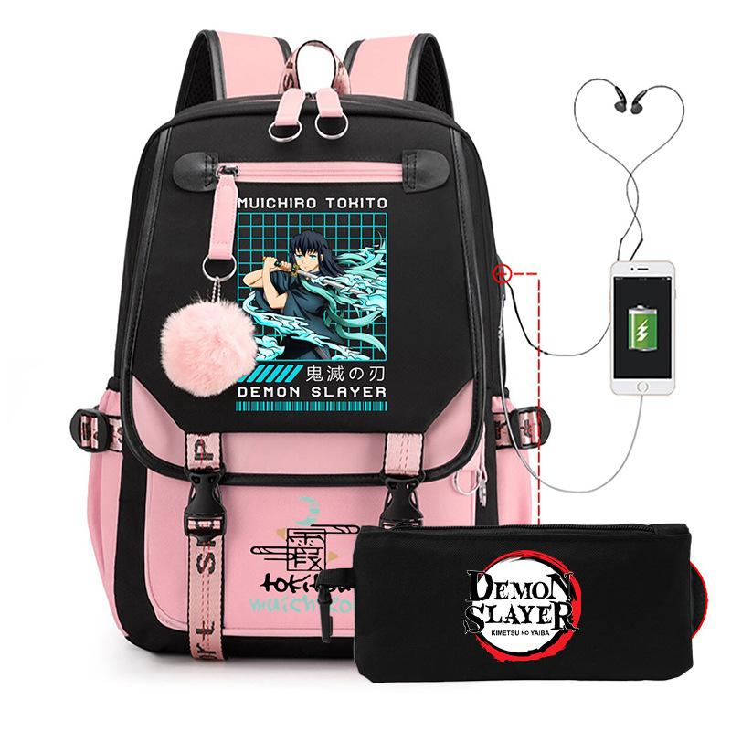 Two-dimensional peripheral day man ghost extinguishing backpack pencil bag large capacity student leisure schoolbag with USB port