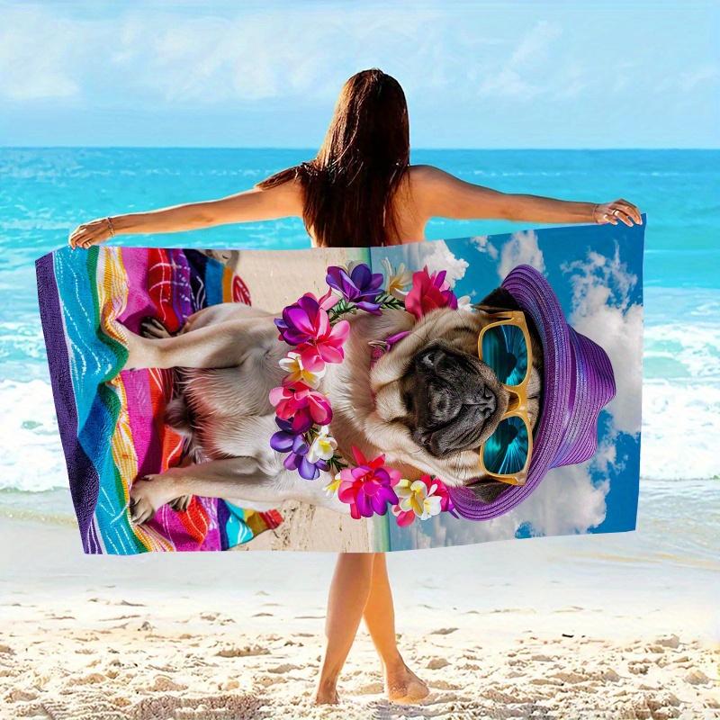 1pc Pug on Beach Towel Beach Towel Pug with Purple Straw Hat Yellow Fashion Glasses Flower Garland on Multicolor Towel by Ocean