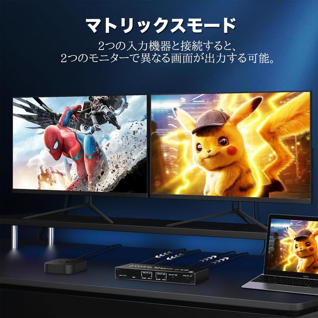 HDMI 2 Matrix Dual Screen Output or Single Screen Remote Control for Switch, Inputs/2 Outputs, Switch, Splitter, Selector, 4K@30Hz [Simultaneous