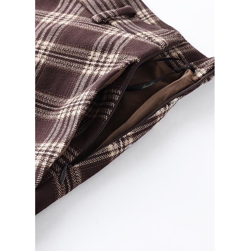 Women's Retro Brown Plaid Woolen High Waist A-Line Skirt - Elegant Slimming Mid-Length for 2025 Autumn/Winter