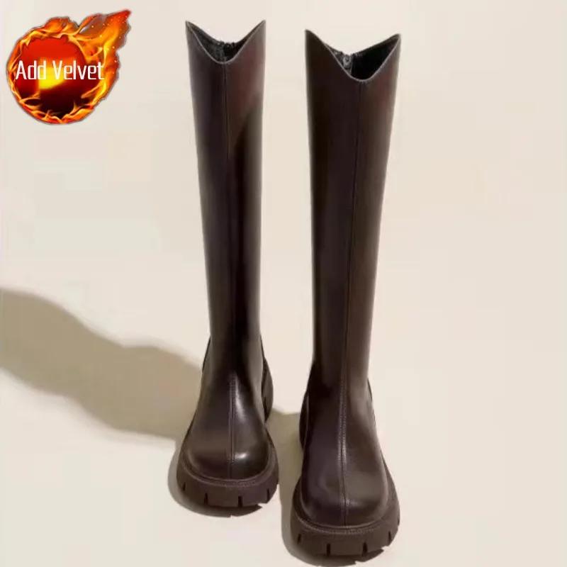 Fashion Ladies Knee High Shaft Shoes Black Round Toe Women's Long Boots Middle Heel Leather Designer Luxury Large Size Warm Quality Boot