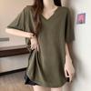 Slimming V-Neck Short Sleeve T-Shirt for Women Mid-Length Casual Loose Fit Polyester Summer Top Cover Belly Versatile Shoulder