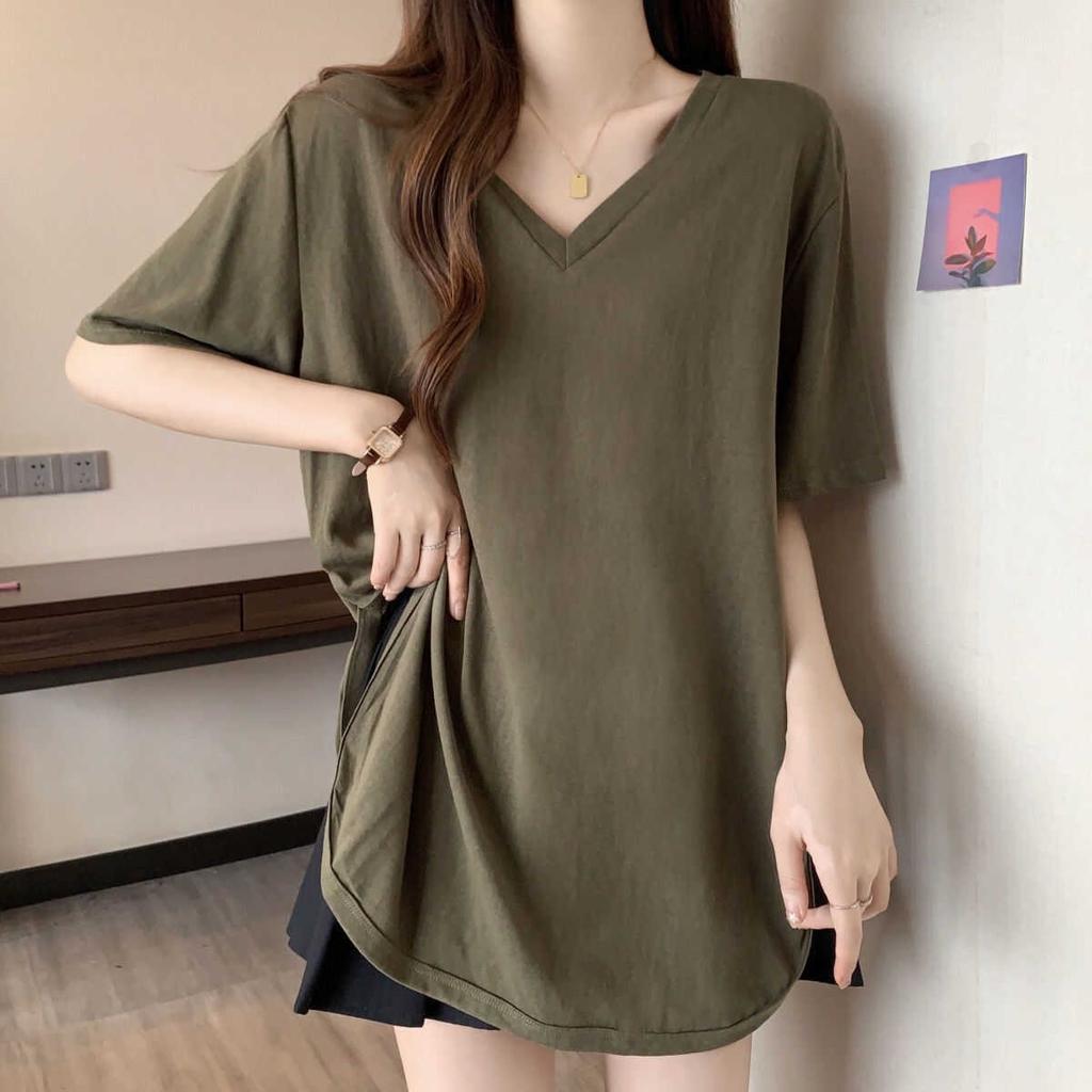 Slimming V-Neck Short Sleeve T-Shirt for Women Mid-Length Casual Loose Fit Polyester Summer Top Cover Belly Versatile Shoulder