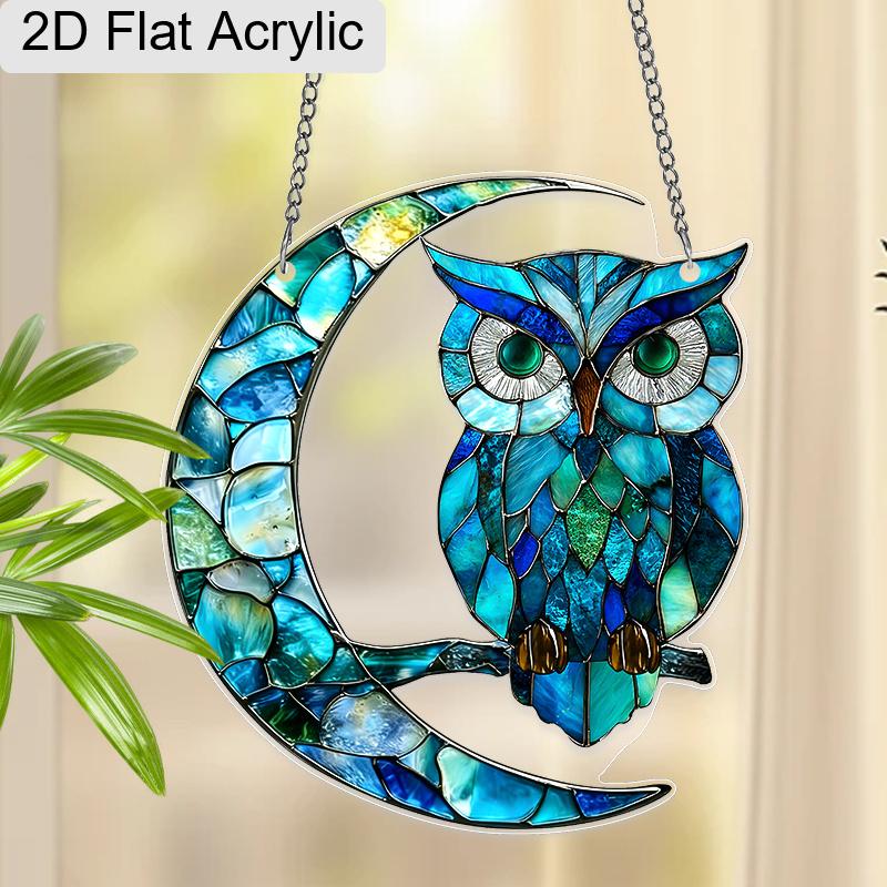Acryl Blaue Eule auf Halbmond-Sonnfänger, Fensterbehang mit Buntglas-Effekt für Eulen- und Nachthimmelliebhaber Geschenke