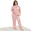Women’s Plus Size Pajamas Heart Printed Short Sleeves Lapel Button-up Shirts Long Pants 2pcs Sleeping Suits Spring Summer Home Casual Wear