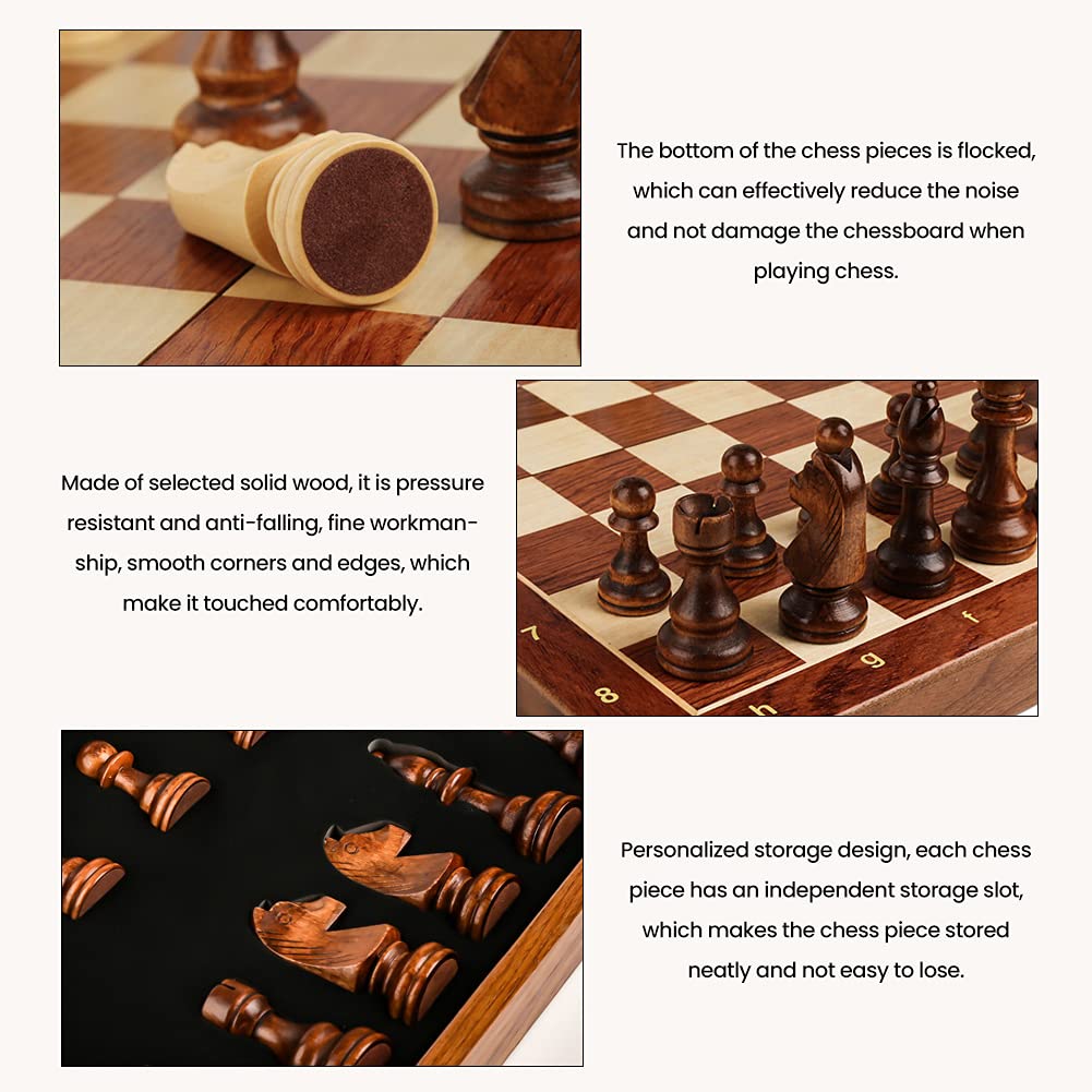 HEIYE Wooden Chessboard International Chess Game Folding Chessboard with Crafted Chess Pieces and Storage Slots for Kids and Adults Set, 15-inch