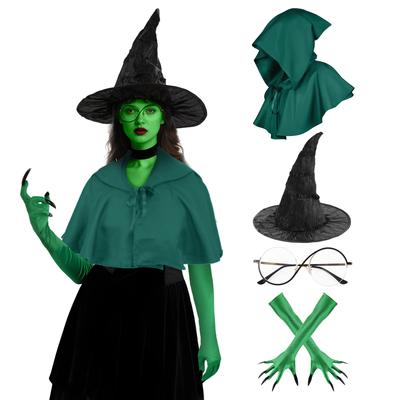 Böse Hexe Kostümzubehör Elphaba Kostüm Hexenhut Grüne Klauenhandschuhe Brille Umhang Halloween Cosplay Requisiten