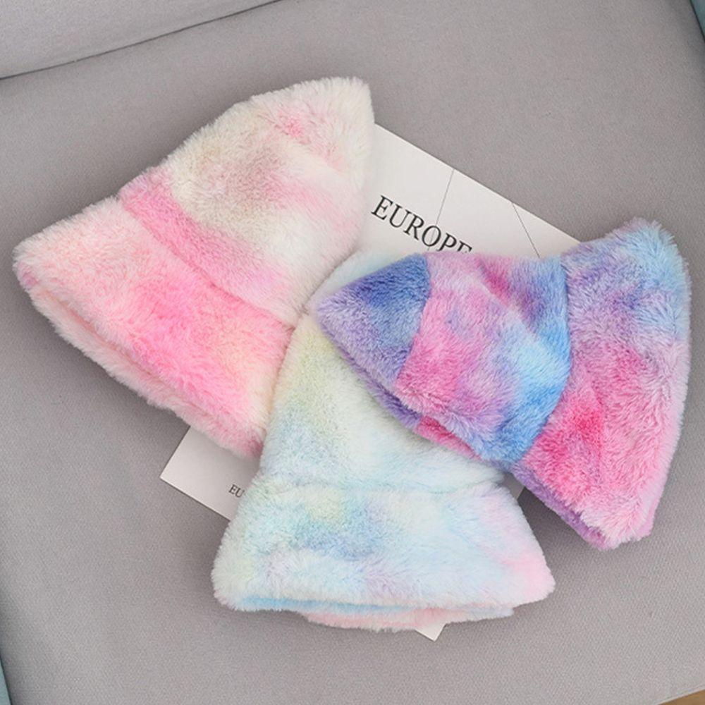 Rainbow Tie Dye Korean Style Cap Women Fisherman Hat Autumn Winter Hat Faux Fur Bucket Hat