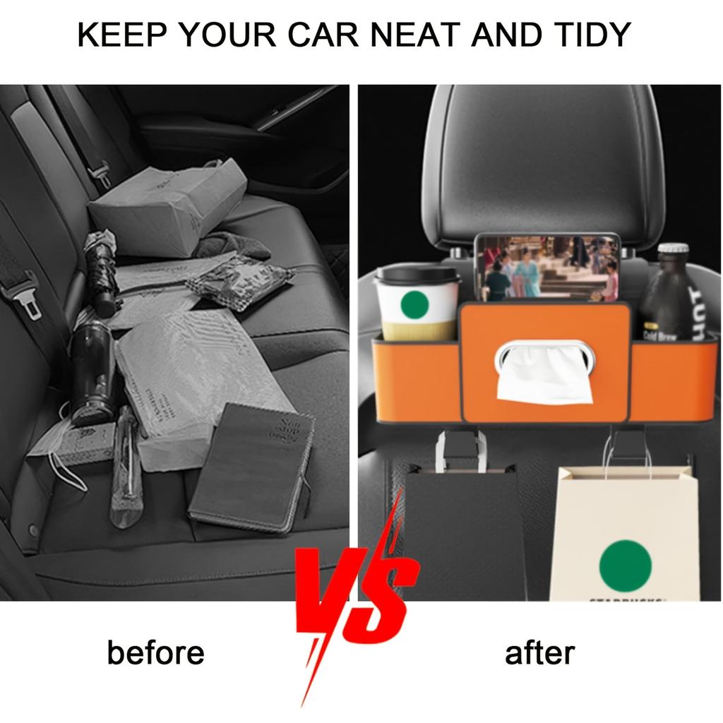 Car Interior Back Seat Storage&Organizer with Cup Holder, Phone Holder, Seat Back Tissue Box and Storage Hook, Multifunctional Car Storage&Organizer