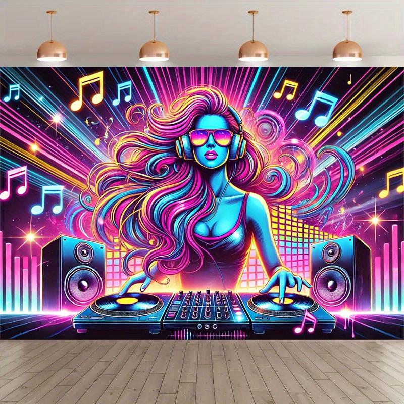 vivid neon DJ party background canvas - colorful music symbols and headphone design 150X100