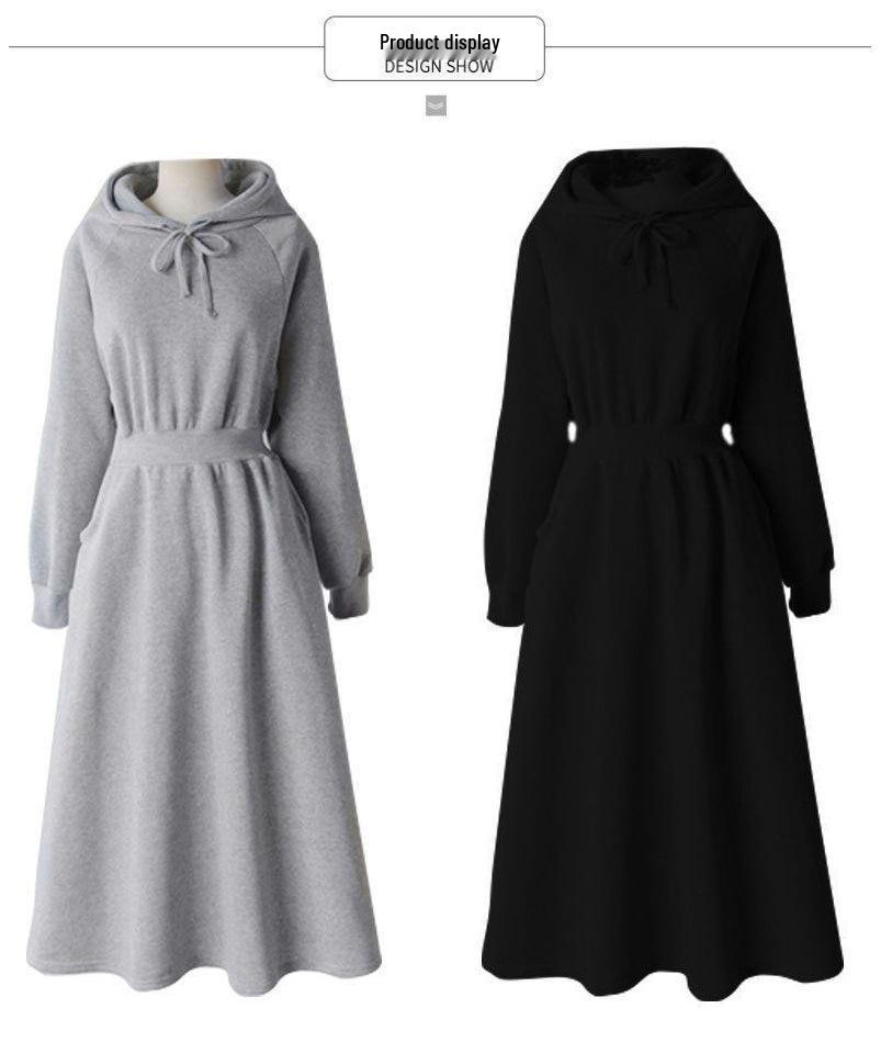 Korean Style Plus Size Hooded Sweatshirt Dress - Solid Color, Slimming Waist, Autumn/Winter Wear for Women