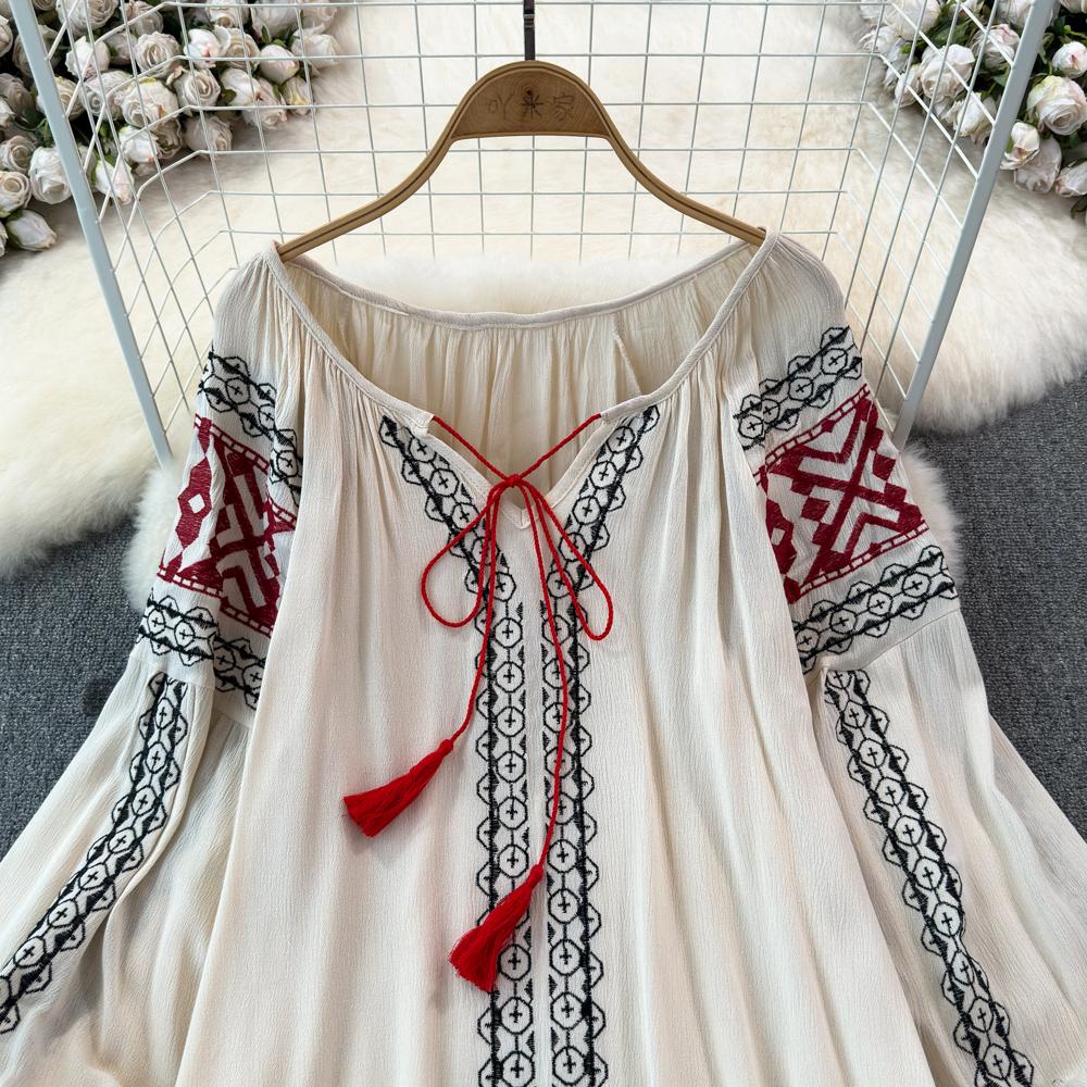 Retro Embroidered Shirt Top Female 2025 Spring Lace Up Tassel Loose Lantern Sleeves Ethnic Style Blouse Female