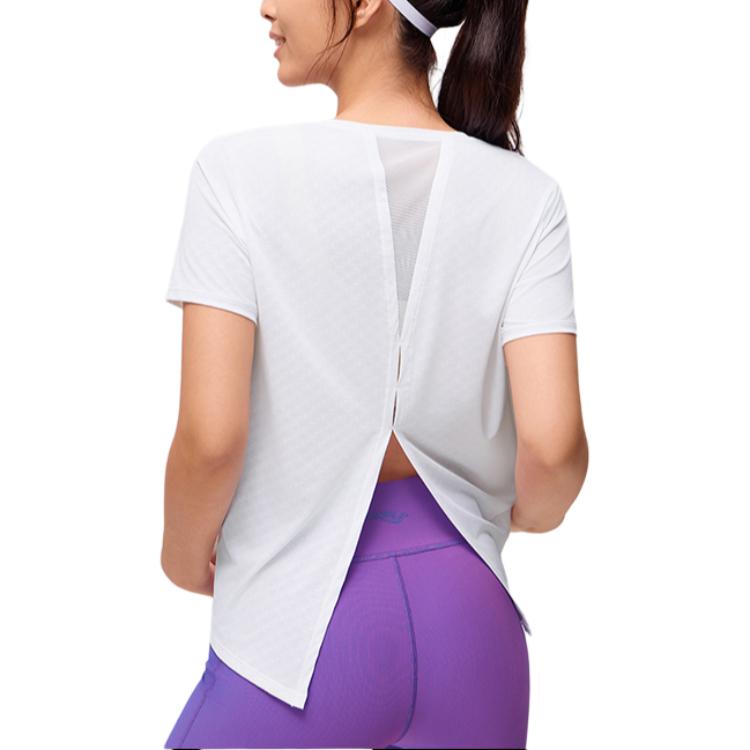 Saucony Logo Letter Back Slit Design Round Neck Short Sleeve T-Shirt Women T-Shirt Pearl-White SC1249033B-WT02