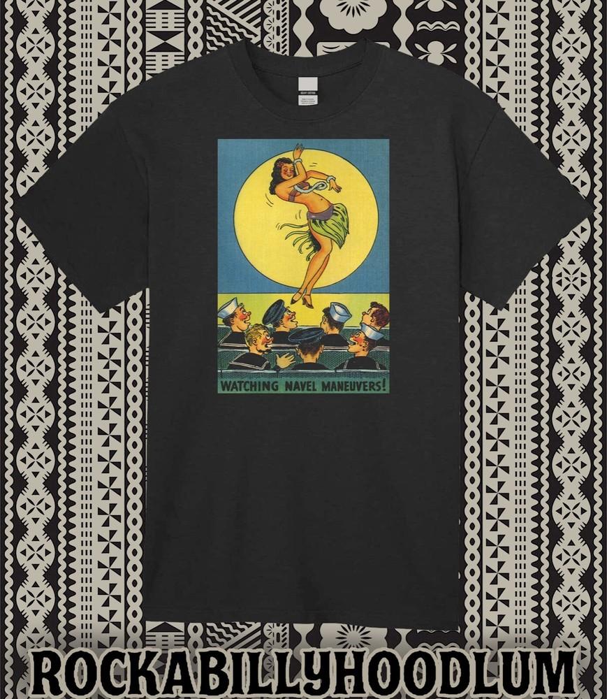 Vtg Tiki Tee T Shirt Retro Hula Dancer Pin Up Girl Naval Maneuver black Unisex T-Shirt XXXL