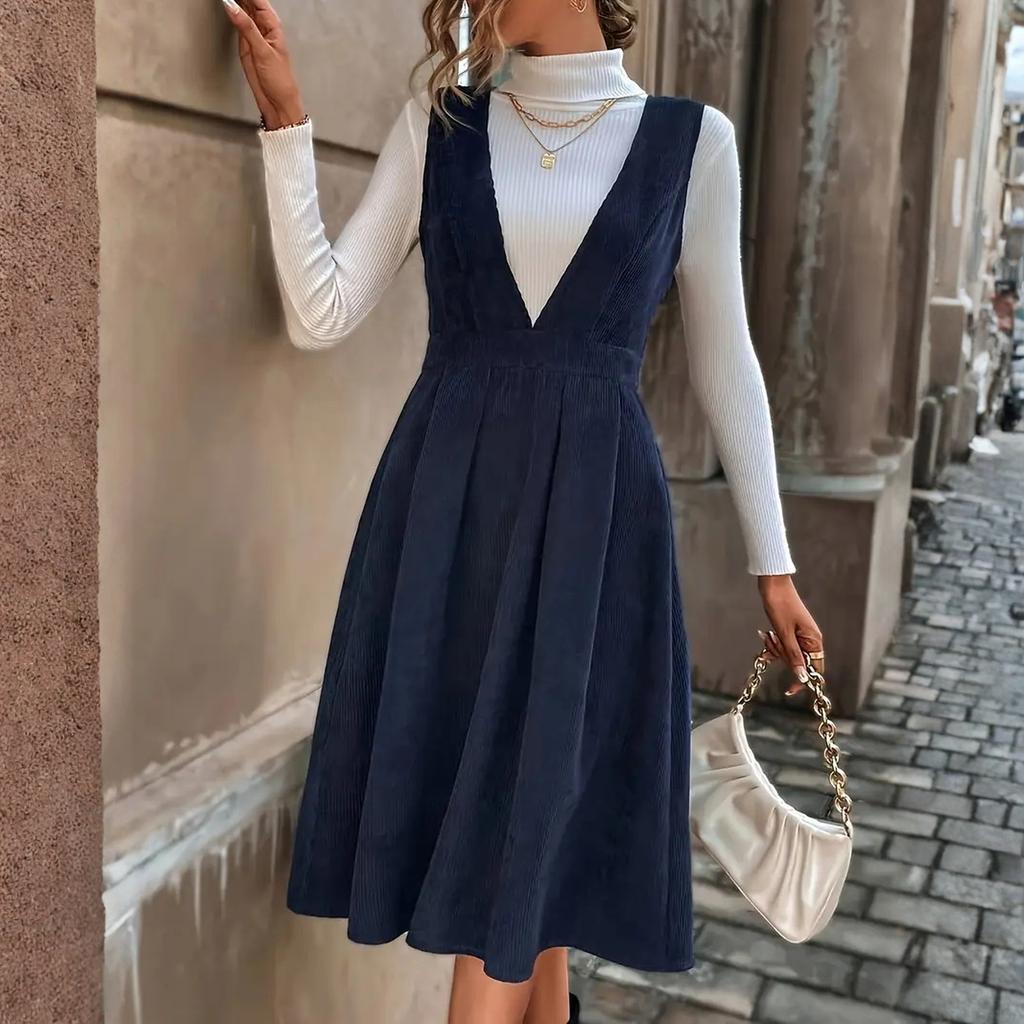 Women's Fashionable And Elegant V-Neck Corduroy Suspender Dress