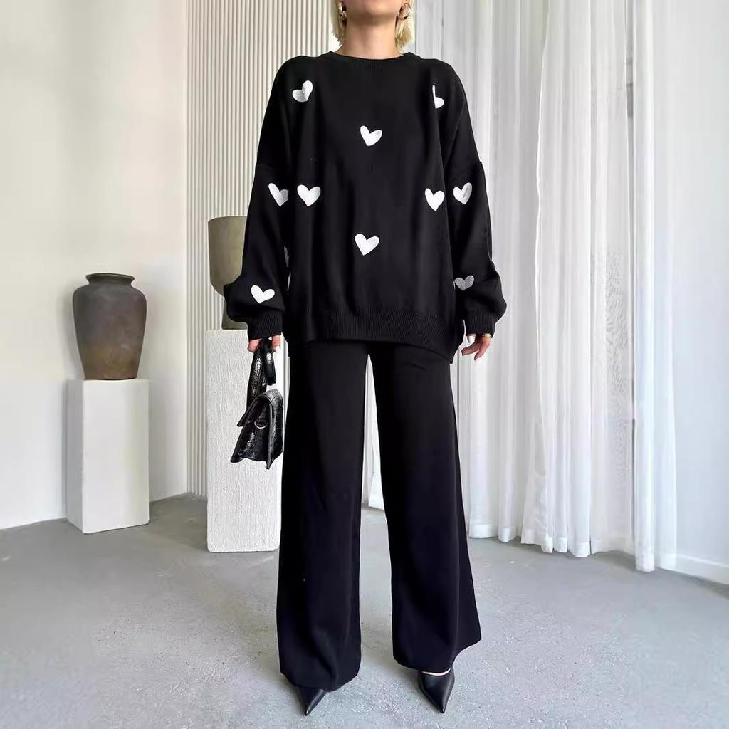 Übergroßes 2-teiliges Pullover-Set für Damen, Strickpullover, Oberteil, weite Hose, Lounge-Set, Trainingsanzug, Herbst-Winter-Reise-Outfits, Sweatsuit für Damen