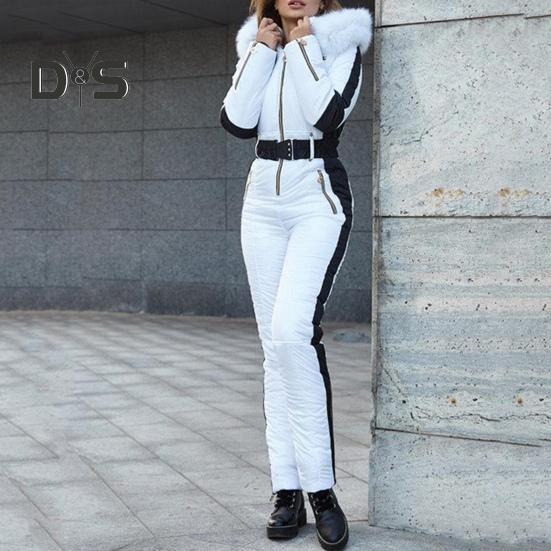 Macacão feminino para atividades ao ar livre, capuz removível, parka acolchoado, à prova de vento, mantém aquecido, à prova d'água, snowboard, esqui, fecho de zíper, roupas esportivas ao ar livre