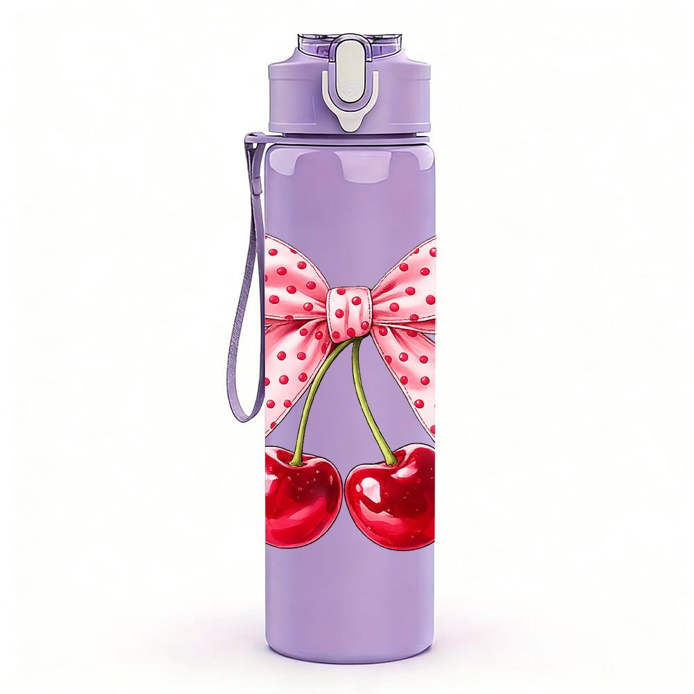 1PC Pink Bow Pair Red Cherry Print 750ml Color Plastic Sports Water Bottle Leakproof Flip Straw Lid Suitable for Sports Office Home Use