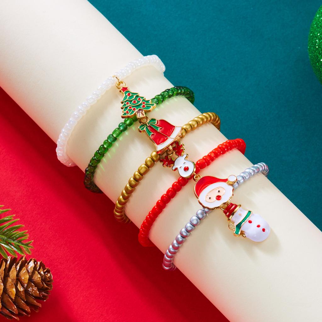 4-5 Pcs Christmas Beaded Bracelets Set for Women Santa Claus Snowman Christmas Tree Elk Pendant Bangle Party Handmade Jewelry
