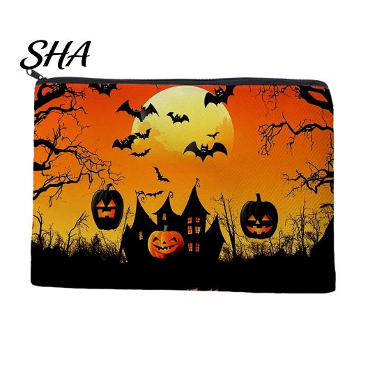 Compact Storage for Small Items Halloween Bag, with Pumpkin Ghost Print, Durable Canvas Cute Festive Zippered Pencil Case Large Capacity Makeup Pouch,