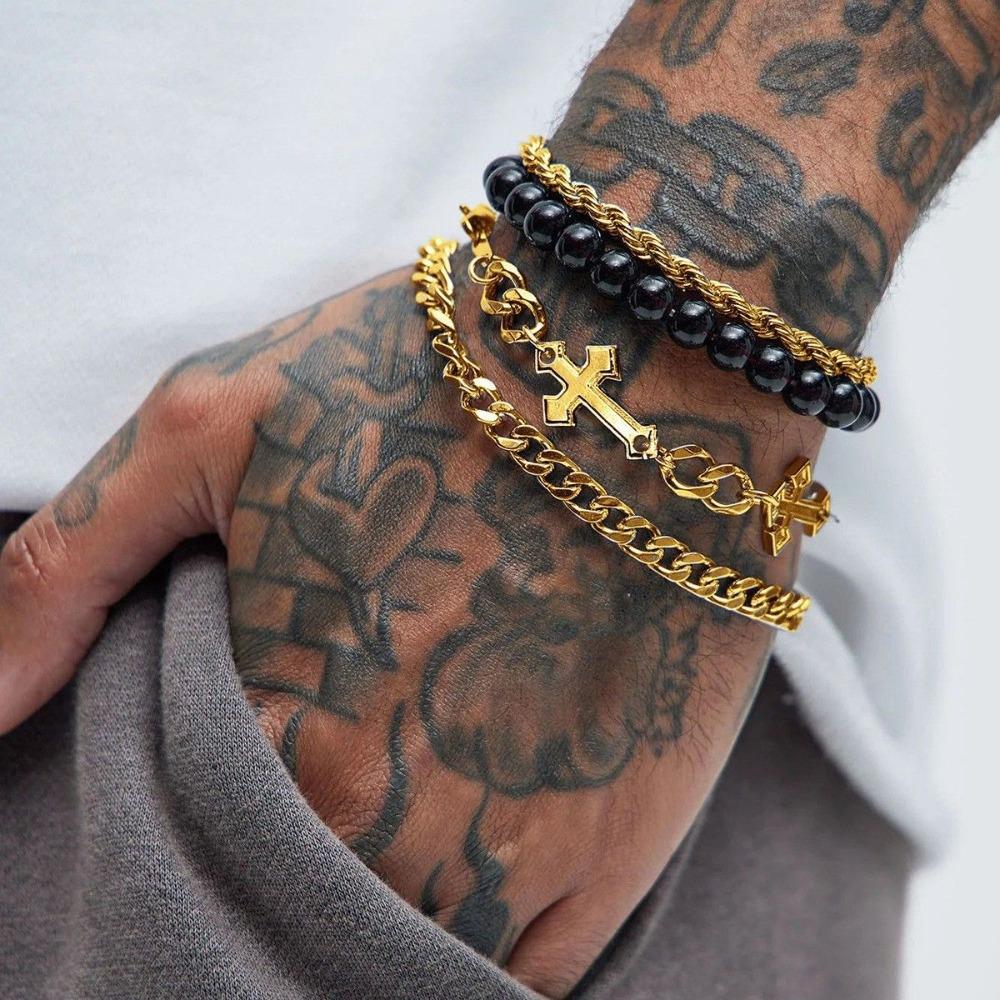 Men Double Layer Silvery Bracelet Cross Zircon Charm Punk Style Adjustable Fashion Jewelry