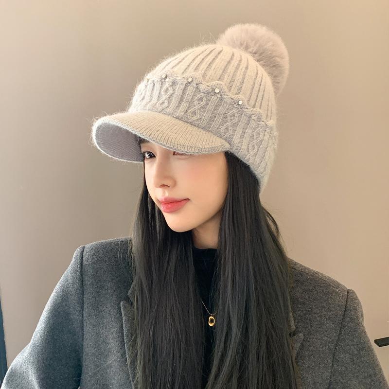 Autumn And Winter Rabbit Fur Baseball Cap Women S Velvet Warm Ear Protection Knitted Wool Hat Versatile Fashion серый