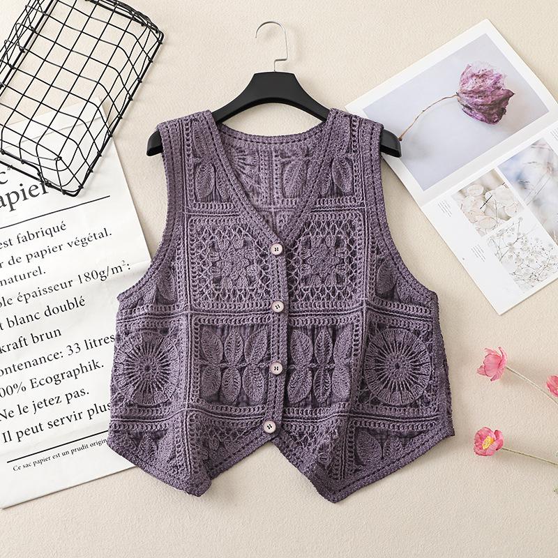 Real shot V-neck sleeveless hollowed-out knitted vest for women, spring new design crochet top trendy