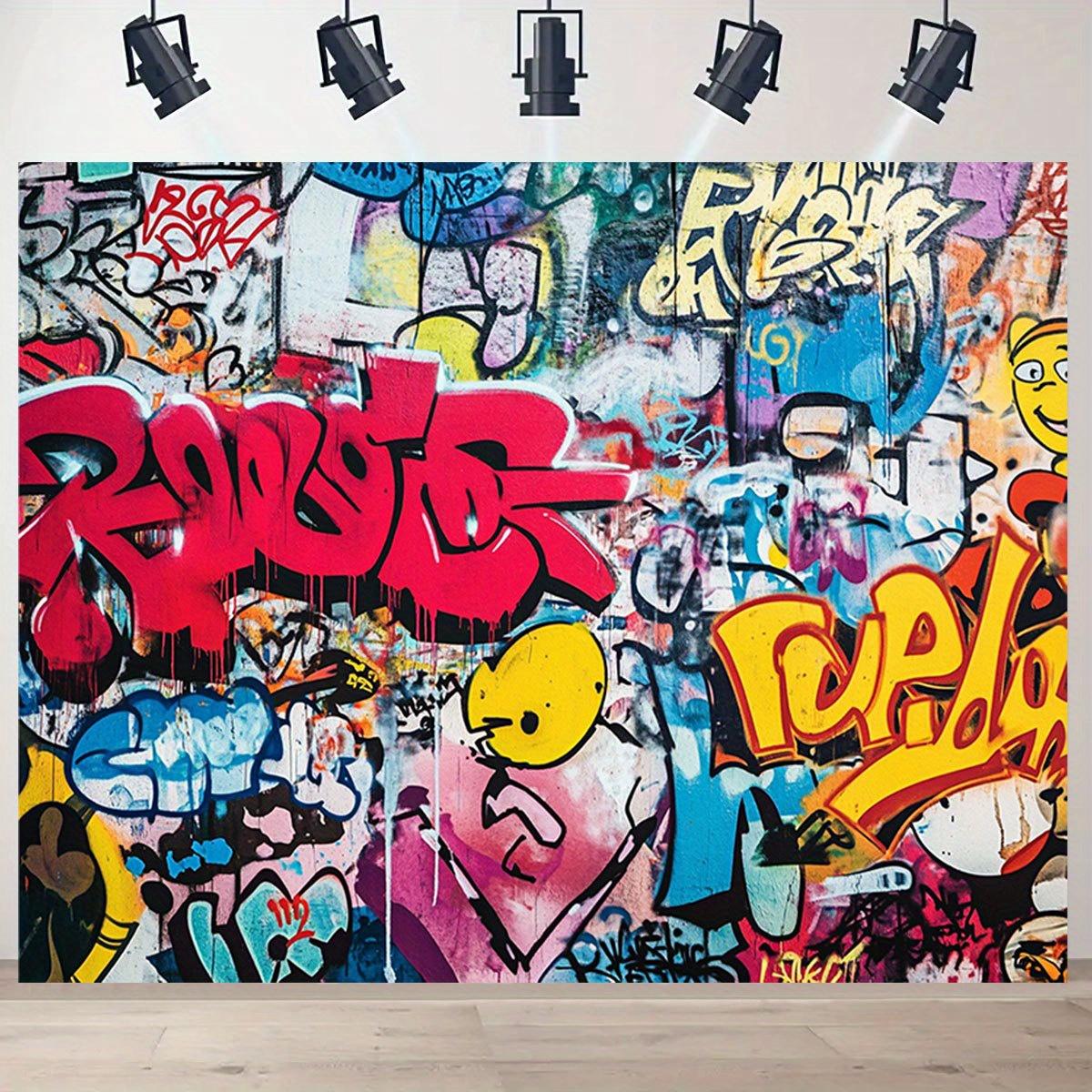 2D flat banner, 1 piece - Vibrant graffiti background in red, blue and yellow-black - Colorful street art scene with labels 100x150cm